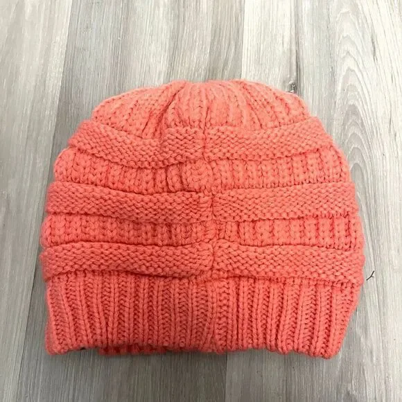 C.C Peachy Orange-Pink Ponytail Cable Knit Winter Beanie Hat - Picture 2 of 5